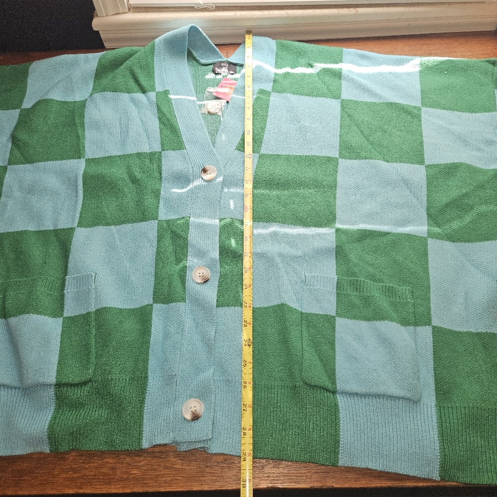 LALA ORIGINAL Love You Oversized Checkerboard Cardigan in Emerald + Sky - Picture 8 of 8